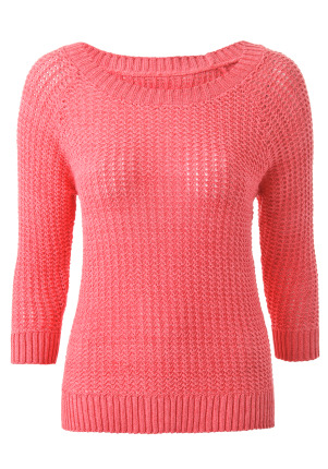 Open Stitch Stepped Jumper - neckline: round neck; pattern: plain; style: standard; predominant colour: pink; occasions: casual; length: standard; fibres: cotton - mix; material texture: denim; fit: standard fit; trends: pastels; sleeve length: 3/4 length; sleeve style: standard; texture group: denim; pattern type: knitted - other; pattern size: standard