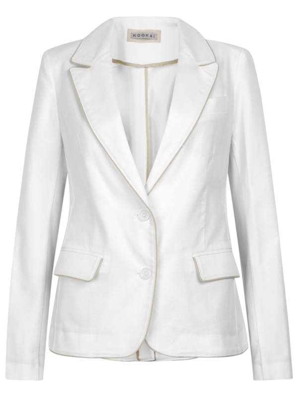 Cotton Blazer, White - pattern: plain; style: single breasted blazer; shoulder detail: shoulder pads; hip detail: side pockets at hip, front pockets at hip; fit: slim fit; collar: standard lapel/rever collar; predominant colour: white; occasions: casual, evening, work; length: standard; fibres: cotton - stretch; material texture: lace; waist detail: fitted waist; trends: white; sleeve length: long sleeve; sleeve style: standard; texture group: lace; collar break: medium; pattern type: fabric; pattern size: standard