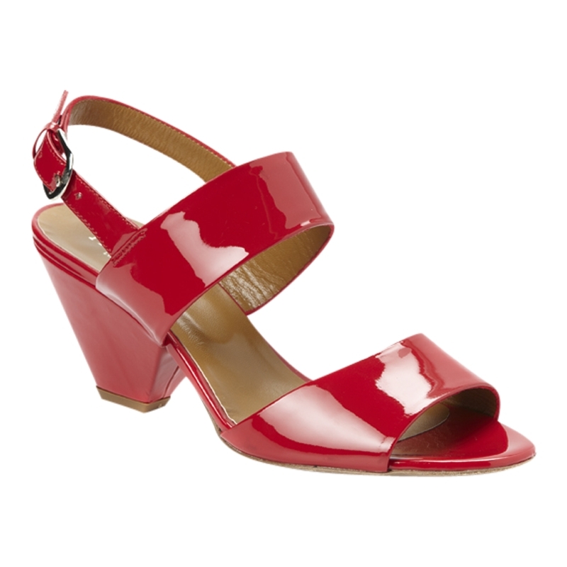 Millie Patent Sandals, Cherry - predominant colour: true red; material: patent; heel height: mid; ankle detail: ankle strap; heel: cone; toe: open toe/peeptoe; style: slingbacks; finish: patent