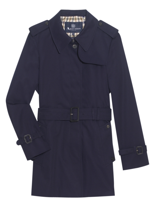 Jennifer Single Breasted Raincoat, Navy - pattern: plain; shoulder detail: obvious epaulette; hip detail: side pockets at hip; collar: wide lapels; style: mac; fit: slim fit; length: mid thigh; predominant colour: navy; occasions: casual, evening, work; fibres: polyester/polyamide - 100%; waist detail: belted waist/tie at waist/drawstring; back detail: back vent/flap at back; material texture: silky; sleeve length: long sleeve; sleeve style: standard; texture group: silky - light; pattern type: fabric; pattern size: standard