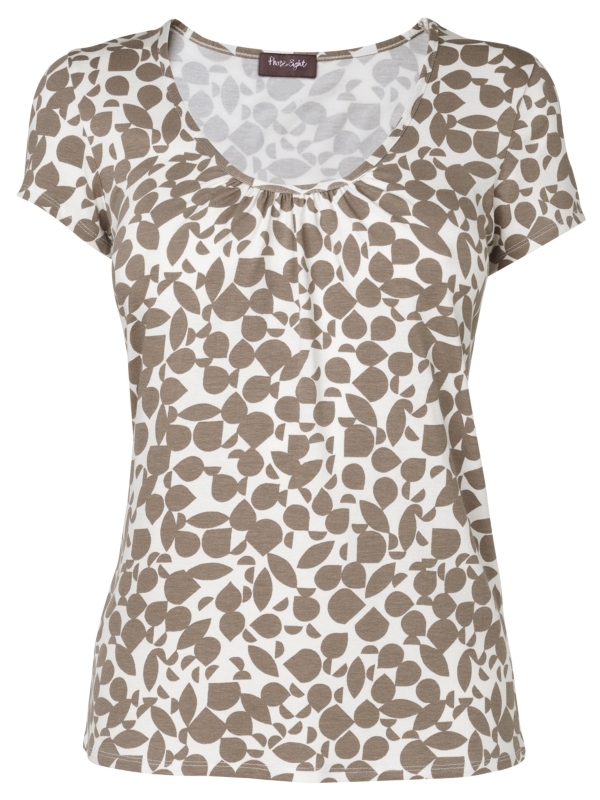 Georgie Print Top, Ivory/Mink - neckline: round neck; pattern: print, patterned/print; waist detail: fitted waist; style: t-shirt; bust detail: ruching/gathering/draping/layers/pintuck pleats at bust; predominant colour: taupe; occasions: casual, work; length: standard; fibres: polyester/polyamide - stretch; material texture: jersey; fit: body skimming; trends: prints; sleeve length: short sleeve; sleeve style: standard; pattern type: fabric; pattern size: standard; texture group: jersey - stretchy/drapey