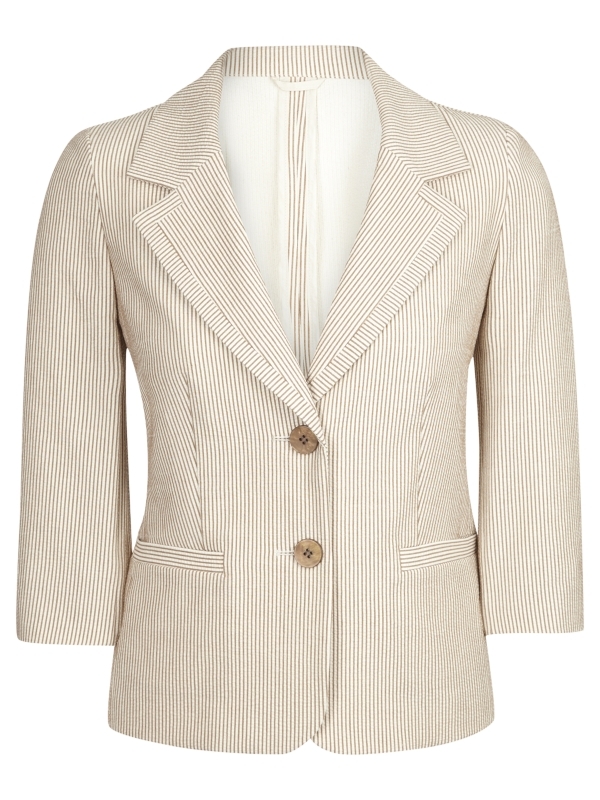 Stripe Jacket, Tobacco - pattern: lightly patterned, vertical stripes, patterned/print; style: single breasted blazer; hip detail: side pockets at hip, front pockets at hip; collar: wide lapels; fit: slim fit; predominant colour: camel; occasions: casual, evening, work; length: standard; fibres: cotton - 100%; material texture: silky; sleeve length: 3/4 length; sleeve style: standard; texture group: silky - light; pattern type: fabric; pattern size: small & light