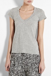 Grey Relaxed Casual T Shirt - neckline: v-neck; pattern: plain; style: t-shirt; hip detail: fitted at hip; predominant colour: light grey; occasions: casual; length: standard; fibres: cotton - mix; material texture: jersey; fit: body skimming; sleeve length: short sleeve; sleeve style: standard; pattern type: fabric; pattern size: standard; texture group: jersey - stretchy/drapey