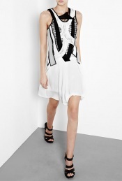 Beaded Macrame Ruched Dress - neckline: round neck; sleeve style: sleeveless; bust detail: ruching/gathering/draping/layers/pintuck pleats at bust; predominant colour: white; length: just above the knee; fit: body skimming; style: asymmetric (hem); fibres: silk - 100%; material texture: lace; occasions: occasion; trends: white; sleeve length: sleeveless; texture group: lace