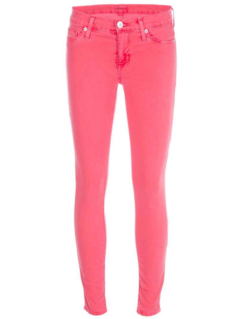 'Nico' Jean - style: skinny leg; length: standard; pattern: plain; waist: low rise; pocket detail: traditional 5 pocket; predominant colour: pink; occasions: casual; fibres: cotton - mix; material texture: denim; trends: brights; texture group: denim; pattern type: fabric; pattern size: standard