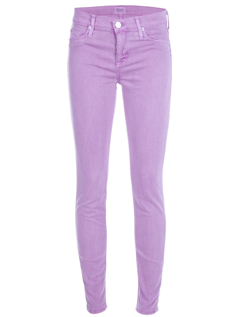 'Nico' Jean - style: skinny leg; length: standard; pattern: plain; pocket detail: traditional 5 pocket; waist: mid/regular rise; predominant colour: lilac; occasions: casual; fibres: cotton - mix; material texture: denim; trends: pastels; texture group: denim; pattern type: fabric; pattern size: standard