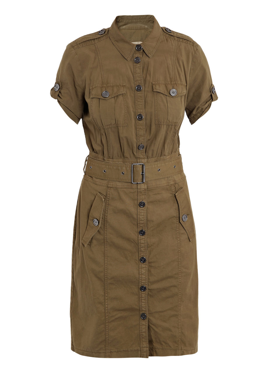 Venet Shirt Dress - style: shirt; neckline: shirt collar/peter pan/zip with opening; pattern: plain; hip detail: side pockets at hip; waist detail: belted waist/tie at waist/drawstring; predominant colour: khaki; occasions: casual, work; length: on the knee; fit: body skimming; fibres: cotton - stretch; material texture: chiffon; shoulder detail: discreet epaulette; sleeve length: short sleeve; sleeve style: standard; texture group: sheer fabrics/chiffon/organza etc.; pattern type: fabric; pattern size: standard