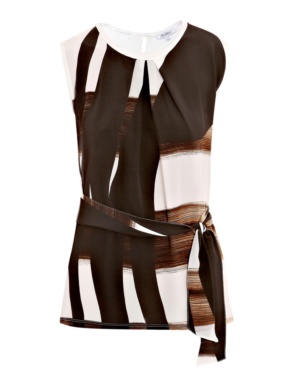 Foster Top - neckline: round neck; sleeve style: sleeveless; pattern: print, abstract, patterned/print; waist detail: belted waist/tie at waist/drawstring; back detail: contrast pattern/fabric at back; bust detail: ruching/gathering/draping/layers/pintuck pleats at bust; predominant colour: white; occasions: casual, work; length: standard; style: top; fibres: silk - mix; material texture: jersey; fit: body skimming; trends: prints; sleeve length: sleeveless; pattern type: fabric; pattern size: standard; texture group: jersey - stretchy/drapey