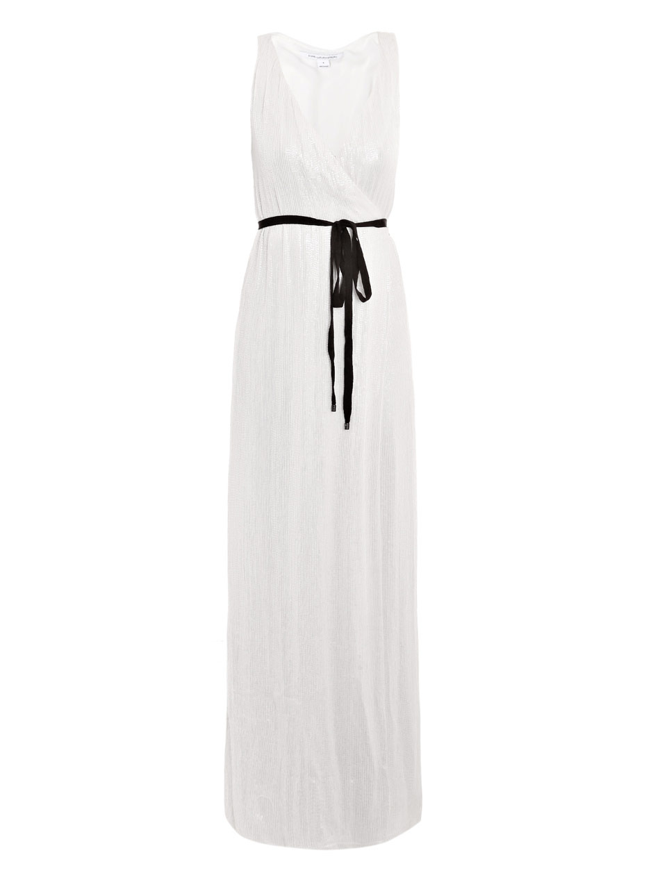 Yazhi Sequin Gown - neckline: plunge; fit: fitted at waist; sleeve style: sleeveless; style: maxi dress; waist detail: fitted waist, belted waist/tie at waist/drawstring; hip detail: fitted at hip; bust detail: ruching/gathering/draping/layers/pintuck pleats at bust; predominant colour: white; occasions: evening, occasion; length: floor length; fibres: silk - 100%; material texture: metallic; trends: white; sleeve length: sleeveless; pattern type: fabric; pattern size: standard; embellishment: sequins