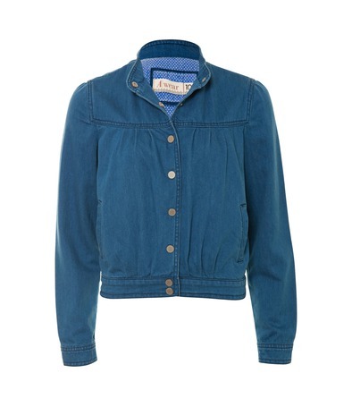 Denim Bomber Jacket - pattern: plain; collar: high neck; fit: slim fit; hip detail: fitted at hip, fitted band at hip; style: bomber; predominant colour: denim; occasions: casual; length: standard; fibres: cotton - 100%; material texture: denim; sleeve length: long sleeve; sleeve style: standard; texture group: denim; collar break: high; pattern type: fabric; pattern size: standard