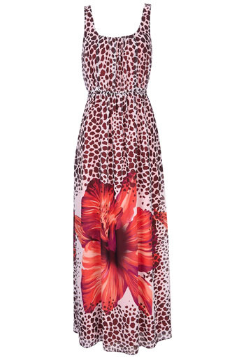 Orange Poppy Print Maxi Dress - pattern: heavily patterned, print, floral - light, small animal print, animal print, florals, patterned/print; sleeve style: sleeveless; style: maxi dress; waist detail: elasticated waist, fitted waist, belted waist/tie at waist/drawstring; predominant colour: true red; occasions: casual, evening, occasion; length: floor length; fit: body skimming; neckline: scoop; fibres: polyester/polyamide - 100%; material texture: chiffon; hip detail: soft pleats at hip/draping at hip/flared at hip; trends: prints; sleeve length: sleeveless; texture group: sheer fabrics/chiffon/organza etc.; pattern type: fabric; pattern size: small & busy
