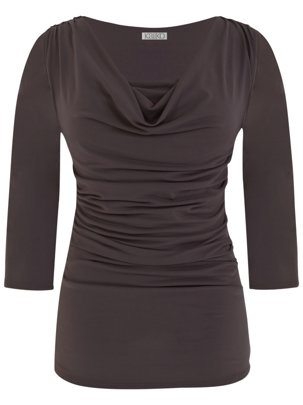 Ruched Cowl Neck Top, Light Chocolate - neckline: cowl/draped neck; pattern: plain; waist detail: fitted waist, twist front waist detail/nipped in at waist on one side/soft pleats/draping/ruching/gathering waist detail; hip detail: fitted at hip; bust detail: ruching/gathering/draping/layers/pintuck pleats at bust; predominant colour: chocolate brown; occasions: casual, evening, work; length: standard; style: top; fibres: polyester/polyamide - 100%; material texture: jersey; fit: body skimming; sleeve length: 3/4 length; sleeve style: standard; pattern type: fabric; pattern size: standard; texture group: jersey - stretchy/drapey