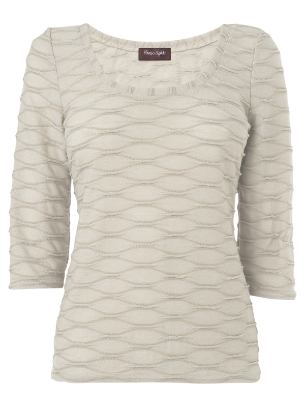 Ettie Top, Oatmeal - pattern: plain, lightly patterned, patterned/print; waist detail: fitted waist; predominant colour: stone; occasions: casual, evening, work; length: standard; style: top; neckline: scoop; fibres: polyester/polyamide - 100%; material texture: jersey; fit: body skimming; sleeve length: 3/4 length; sleeve style: standard; pattern type: fabric; pattern size: small & light; texture group: jersey - stretchy/drapey