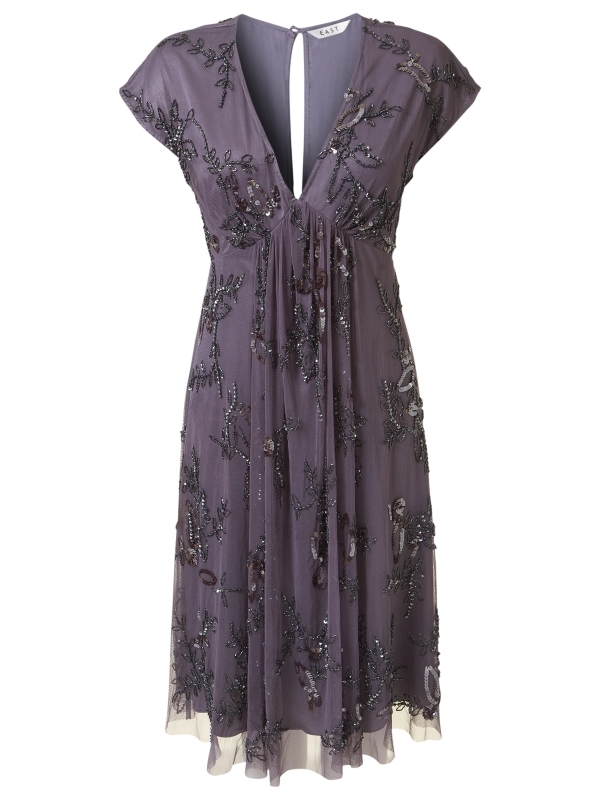 Charleston Dress, Dusk - style: a-line; length: below the knee; neckline: v-neck; fit: empire; pattern: plain; bust detail: added detail/embellishment at bust; waist detail: fitted waist, twist front waist detail/nipped in at waist on one side/soft pleats/draping/ruching/gathering waist detail; back detail: low cut/open back, keyhole/peephole detail at back; hip detail: fitted at hip, soft pleats at hip/draping at hip/flared at hip; predominant colour: purple; occasions: evening, occasion; fibres: polyester/polyamide - 100%; material texture: chiffon; trends: pastels; sleeve length: short sleeve; sleeve style: standard; texture group: sheer fabrics/chiffon/organza etc.; pattern type: fabric; pattern size: small & light; embellishment: beading