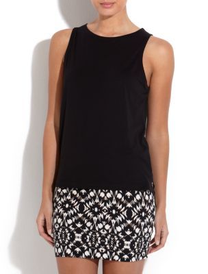 Black Sheer Back Shell Top - neckline: round neck; pattern: plain; sleeve style: sleeveless; style: vest top; predominant colour: black; occasions: casual; length: standard; fibres: cotton - mix; material texture: jersey; fit: body skimming; back detail: longer hem at back than at front; sleeve length: sleeveless; pattern type: fabric; pattern size: standard; texture group: jersey - stretchy/drapey