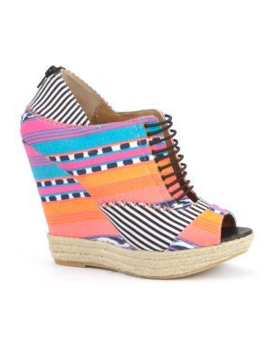 Chinese Laundry Made My Day Patterned Wedges - predominant colour: multicoloured; material: fabric; heel height: high; embellishment: print; heel: wedge; toe: open toe/peeptoe; style: mules; pattern: patterned/print