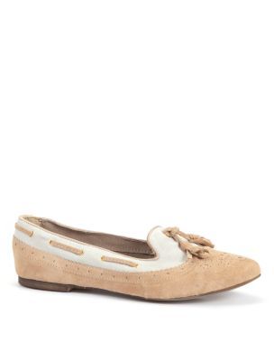 Cream And White Tassel Suede Loafers - predominant colour: camel; material: suede; heel height: flat; embellishment: tassels; toe: round toe; style: loafers