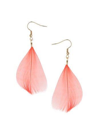 Coral Feather Drop Earrings - predominant colour: coral; style: drop; length: mid; size: standard; material: feather; fastening: pierced; embellishment: feathers