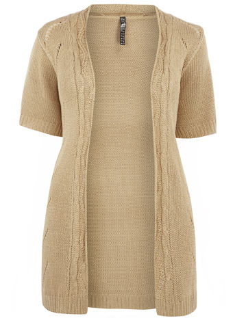 Neutral Cable Cardigan - pattern: plain, cable knit; style: chunky knit; length: below the bottom; neckline: collarless open; predominant colour: camel; occasions: casual, work; fibres: acrylic - 100%; material texture: felt; fit: standard fit; sleeve length: short sleeve; sleeve style: standard; pattern type: knitted - other; pattern size: standard; texture group: woven bulky/heavy