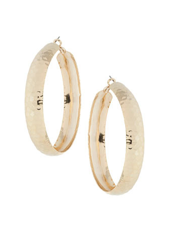 Gold Beaten Hoop Earrings - predominant colour: gold; style: hoop; length: mid; size: standard; material: chain/metal; fastening: pierced