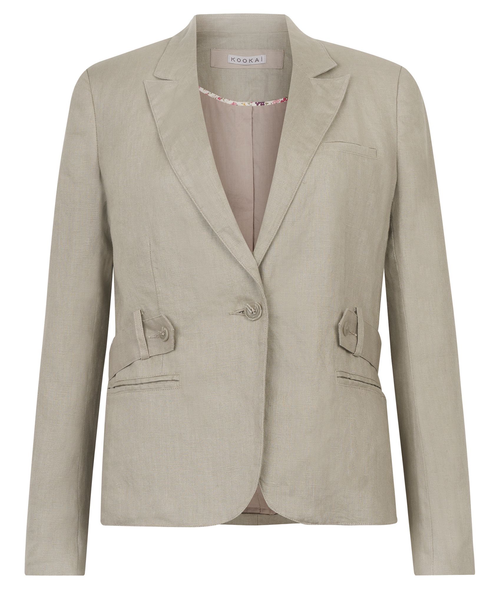 Women's Belted Linen Blazer, Tan - pattern: plain; style: single breasted blazer; shoulder detail: shoulder pads; bust detail: added detail/embellishment at bust; hip detail: side pockets at hip, front pockets at hip; collar: standard lapel/rever collar; predominant colour: taupe; occasions: casual, work; length: standard; fit: tailored/fitted; fibres: linen - 100%; material texture: calico; waist detail: fitted waist, belted waist/tie at waist/drawstring; sleeve length: long sleeve; sleeve style: standard; texture group: cotton feel fabrics; collar break: medium; pattern type: fabric; pattern size: standard