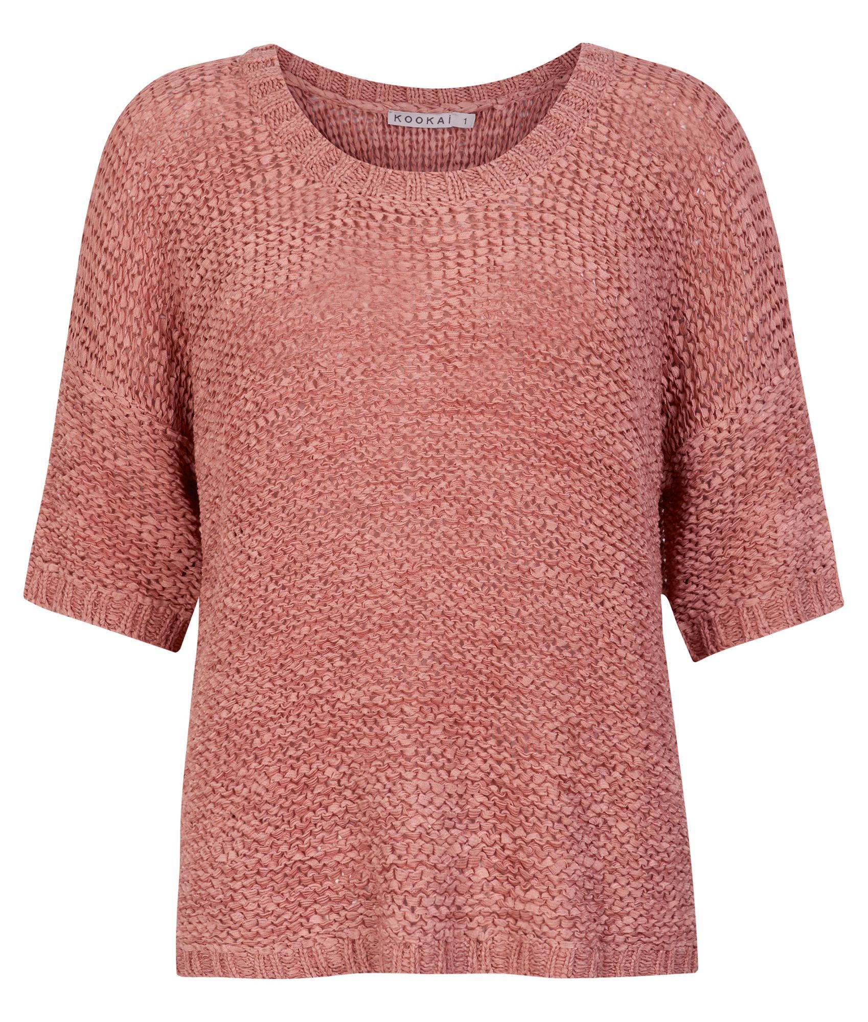 Women's Tape Yarn Slub Knit Sweater, Pink - neckline: round neck; pattern: plain; style: standard; predominant colour: pink; occasions: casual; length: standard; fibres: acrylic - mix; material texture: jersey; fit: standard fit; sleeve length: 3/4 length; sleeve style: standard; pattern type: knitted - other; pattern size: standard; texture group: jersey - stretchy/drapey
