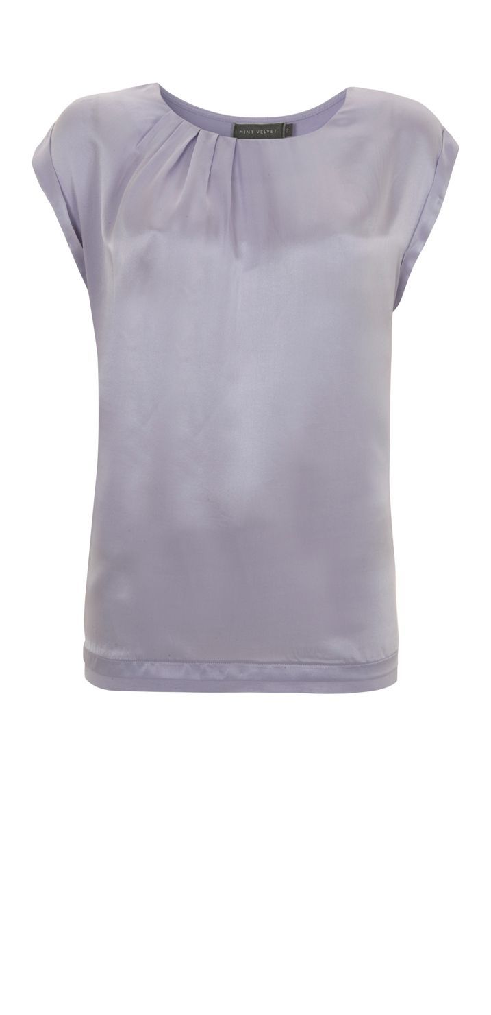 Women's Lilac Silk Front Tee, Purple - neckline: round neck; sleeve style: capped; pattern: plain; bust detail: ruching/gathering/draping/layers/pintuck pleats at bust; predominant colour: lilac; occasions: evening, work; length: standard; style: top; fibres: silk - 100%; material texture: satin; fit: straight cut; sleeve length: short sleeve; texture group: structured shiny - satin/tafetta/silk etc.; pattern type: fabric; pattern size: standard