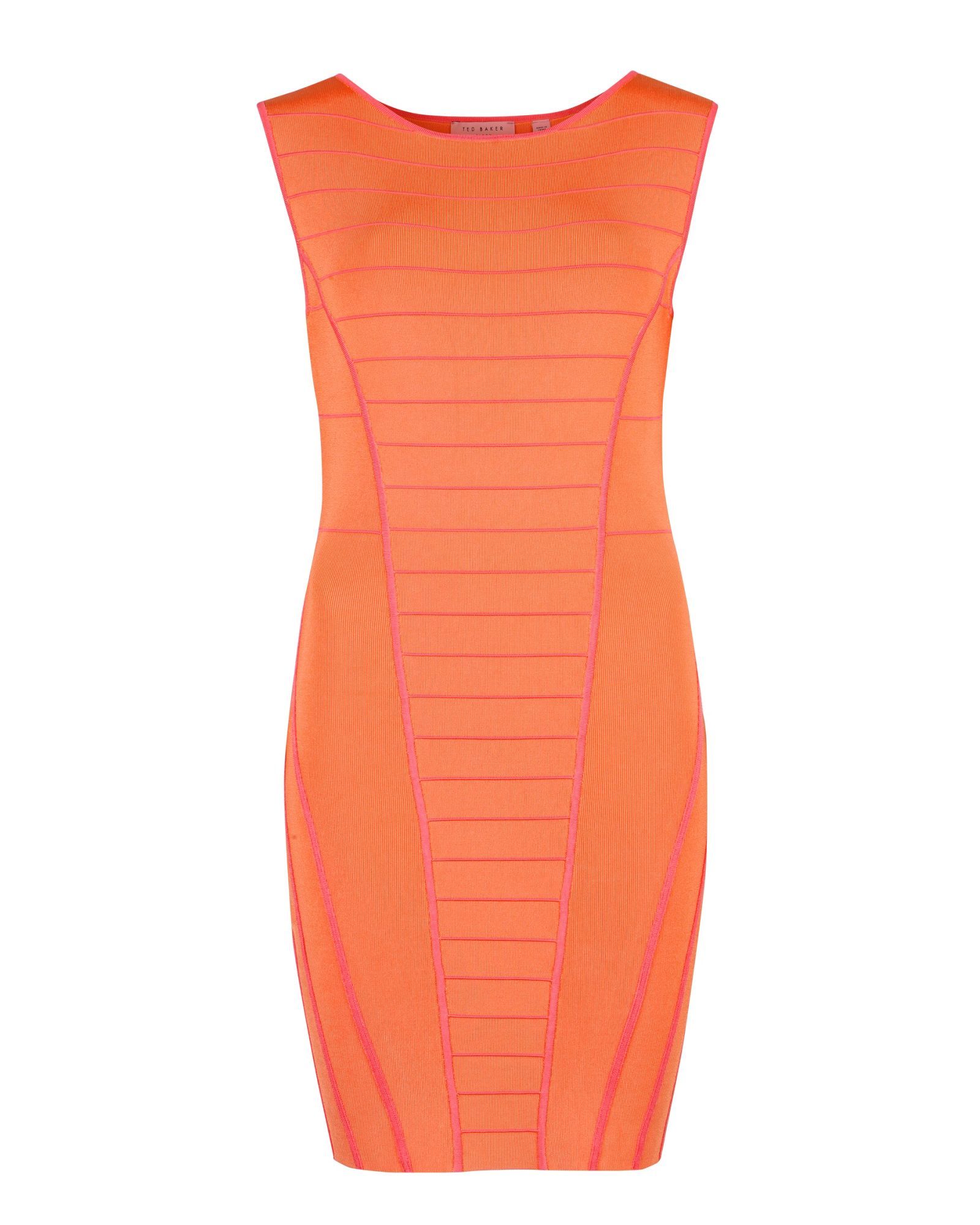 Women's Kalie Knitted Dress, Tangerine - length: mid thigh; neckline: round neck; fit: tight; pattern: plain, horizontal stripes; sleeve style: sleeveless; style: bodycon; waist detail: fitted waist; hip detail: fitted at hip; predominant colour: bright orange; occasions: evening, occasion; fibres: polyester/polyamide - stretch; material texture: lace; trends: brights; sleeve length: sleeveless; texture group: lace; pattern type: fabric; pattern size: standard
