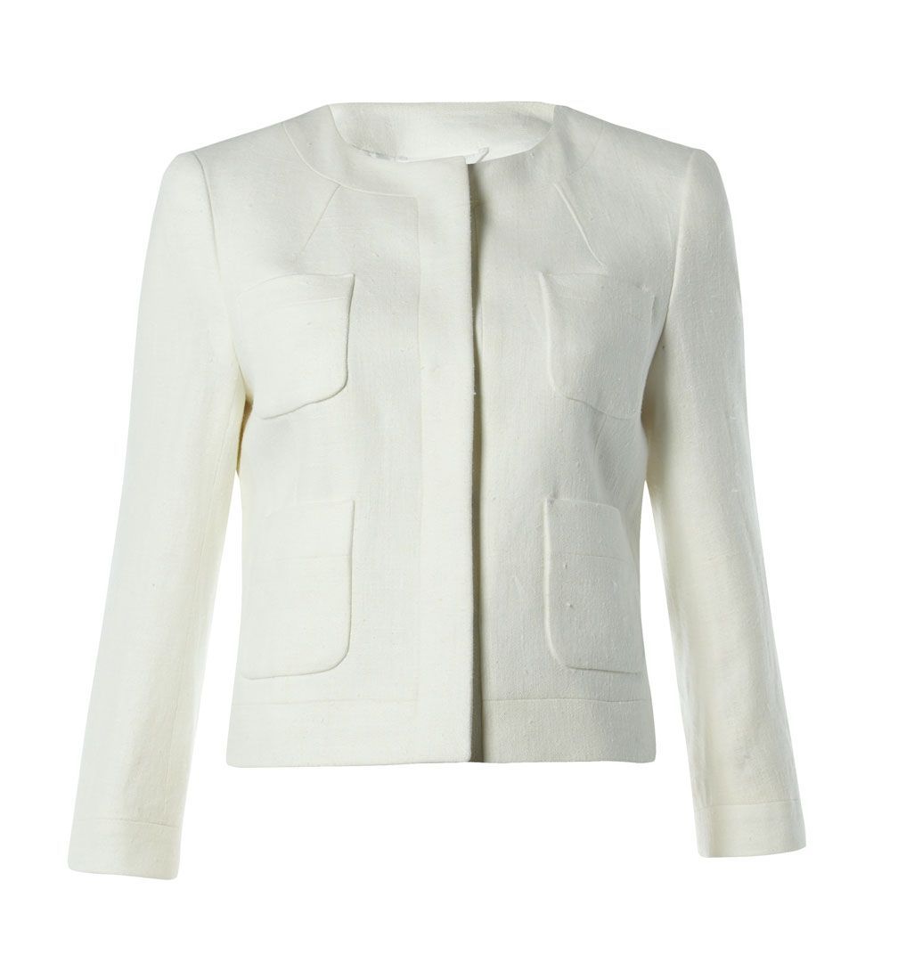 Women's Peak Jacket, Ivory - pattern: plain; collar: round collar/collarless; hip detail: front pockets at hip; style: tailored/fitted; predominant colour: ivory; occasions: casual, occasion; length: standard; fit: tailored/fitted; fibres: polyester/polyamide - 100%; material texture: jersey; sleeve length: long sleeve; sleeve style: standard; collar break: high; pattern type: fabric; pattern size: standard; texture group: jersey - stretchy/drapey
