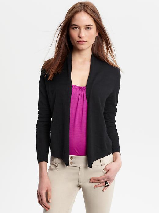 Ribbed Open Cardigan - pattern: plain; neckline: shawl; style: open front; predominant colour: black; occasions: casual; length: standard; fibres: cotton - stretch; material texture: taffeta; fit: loose; sleeve length: long sleeve; sleeve style: standard; texture group: structured shiny - satin/tafetta/silk etc.; pattern type: knitted - other; pattern size: standard
