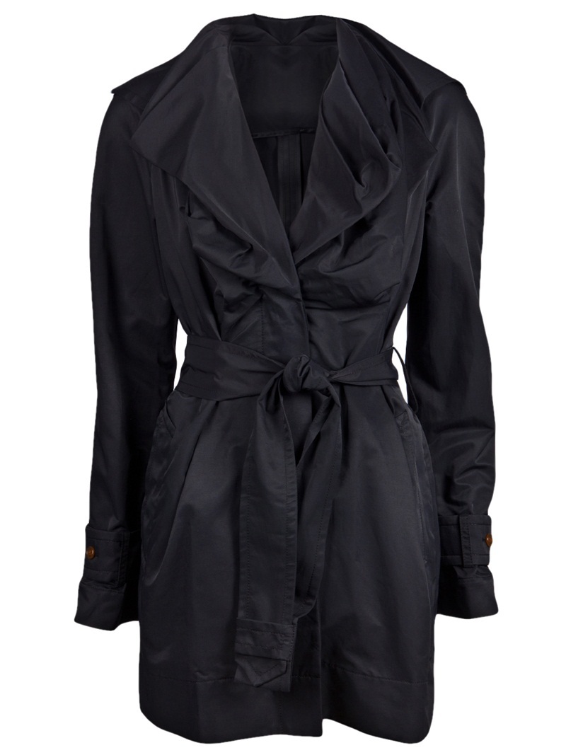 Waterproof Mac Trench - pattern: plain; hip detail: side pockets at hip; collar: wide lapels; style: trench coat; fit: slim fit; length: mid thigh; predominant colour: black; occasions: casual, work, occasion; fibres: cotton - mix; material texture: satin; waist detail: belted waist/tie at waist/drawstring; sleeve length: long sleeve; sleeve style: standard; texture group: structured shiny - satin/tafetta/silk etc.; pattern type: fabric; pattern size: standard