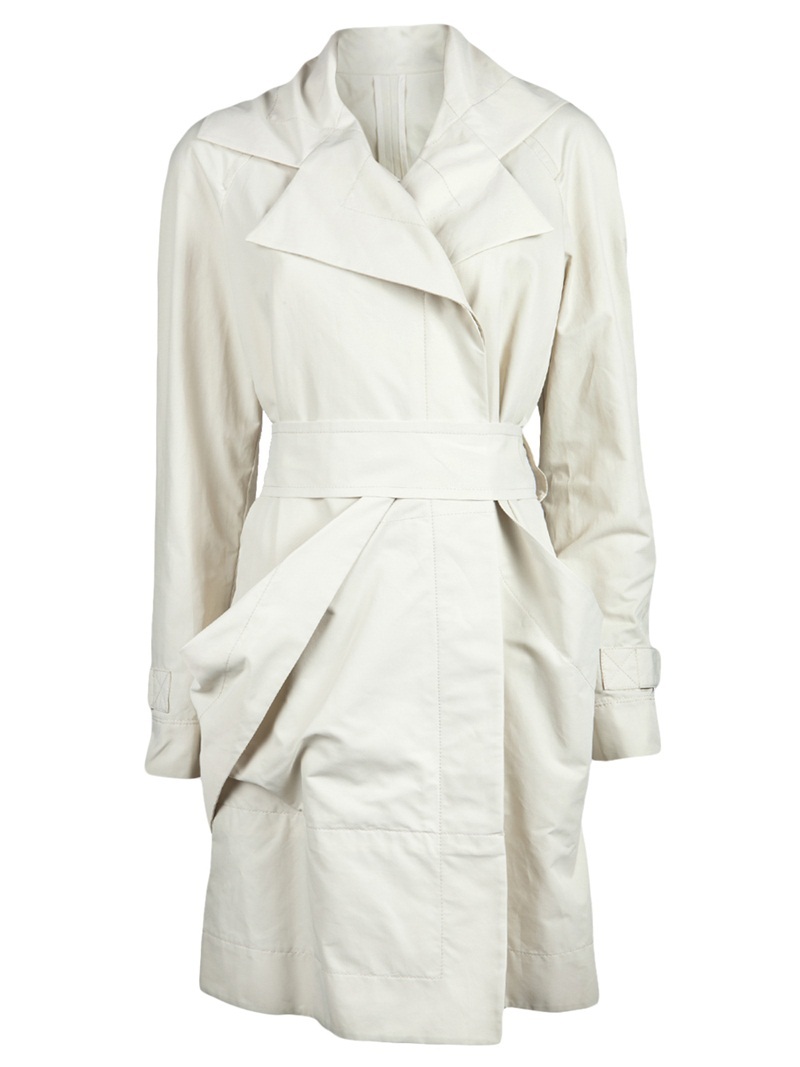 Waterproof Mac Trench - pattern: plain; collar: wide lapels; style: trench coat; hip detail: front pockets at hip, ruching at hip; fit: slim fit; length: mid thigh; predominant colour: white; occasions: casual, work; fibres: cotton - mix; material texture: satin; waist detail: belted waist/tie at waist/drawstring; sleeve length: long sleeve; sleeve style: standard; texture group: structured shiny - satin/tafetta/silk etc.; pattern type: fabric; pattern size: standard