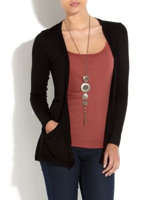 Black Drop Pocket Boyfriend Cardigan - pattern: plain; length: below the bottom; hip detail: front pockets at hip; neckline: collarless open; style: open front; predominant colour: black; occasions: casual, work; fibres: polyester/polyamide - stretch; material texture: jersey; fit: standard fit; waist detail: fitted waist; sleeve length: long sleeve; sleeve style: standard; pattern type: knitted - other; pattern size: standard; texture group: jersey - stretchy/drapey