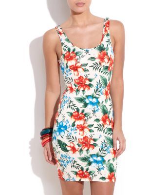Tropical Bodycon Vest Dress - fit: tight; pattern: floral - busy, florals; sleeve style: sleeveless; style: bodycon; back detail: cowl/draping/scoop at back; occasions: casual; length: just above the knee; neckline: scoop; fibres: polyester/polyamide - stretch; material texture: jersey stretch; predominant colour: multicoloured; trends: prints; sleeve length: sleeveless; texture group: jersey - clingy; pattern type: fabric; pattern size: standard