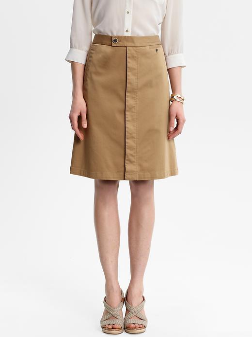 Heritage A Line Skirt - pattern: plain; fit: loose/voluminous; waist detail: fitted waist, narrow waistband; waist: mid/regular rise; predominant colour: tan; occasions: casual, evening, work; length: on the knee; style: a-line; fibres: cotton - stretch; material texture: silky; texture group: silky - light; pattern type: fabric; pattern size: standard