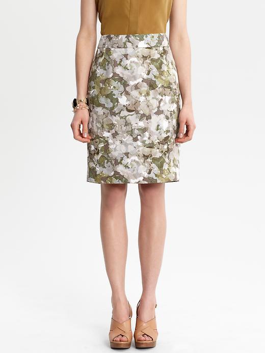 Mirabelle Blooms Pencil Skirt - pattern: floral - busy, abstract, florals, patterned/print; style: straight; fit: tailored/fitted; waist detail: fitted waist, narrow waistband; hip detail: fitted at hip; waist: mid/regular rise; occasions: casual, occasion; length: on the knee; fibres: linen - mix; material texture: sateen; predominant colour: multicoloured; trends: prints; texture group: structured shiny - satin/tafetta/silk etc.; pattern type: fabric; pattern size: small & busy
