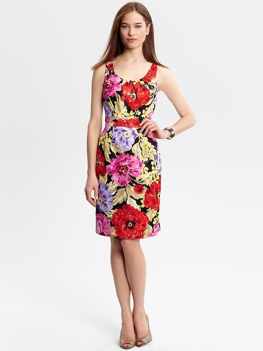 Linda Floral Dress - style: shift; pattern: floral - busy, florals; sleeve style: sleeveless; waist detail: fitted waist; predominant colour: true red; occasions: evening, occasion; length: just above the knee; fit: body skimming; neckline: scoop; fibres: polyester/polyamide - stretch; material texture: jersey; trends: prints; sleeve length: sleeveless; pattern type: fabric; pattern size: small & busy; texture group: jersey - stretchy/drapey
