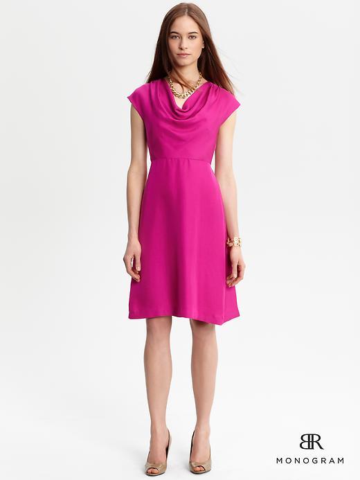 Br Monogram - style: shift; neckline: cowl/draped neck; pattern: plain; waist detail: fitted waist; bust detail: ruching/gathering/draping/layers/pintuck pleats at bust; predominant colour: hot pink; occasions: evening, occasion; length: just above the knee; fit: body skimming; fibres: silk - 100%; material texture: taffeta; sleeve length: short sleeve; sleeve style: standard; texture group: structured shiny - satin/tafetta/silk etc.; pattern type: fabric; pattern size: standard