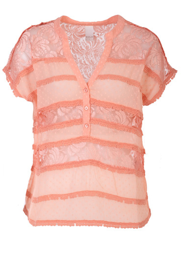 Blush Licia Top - pattern: plain, lace; sleeve style: sleeveless; bust detail: buttons at bust (in middle at breastbone)/zip detail at bust; predominant colour: coral; occasions: casual, evening, work; length: standard; style: top; neckline: collarstand & mandarin with v-neck; fibres: polyester/polyamide - mix; material texture: lace; fit: body skimming; trends: pastels; sleeve length: sleeveless; texture group: lace; pattern type: fabric; pattern size: standard