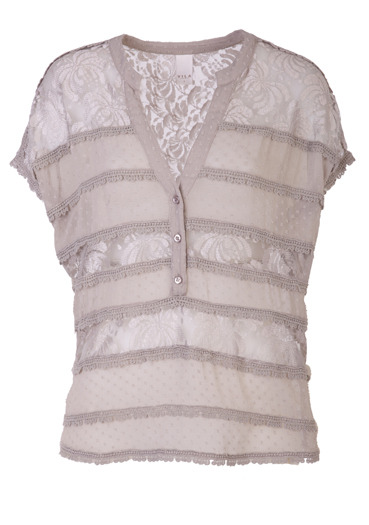 Grey Licia Top - pattern: plain, lace; sleeve style: sleeveless; bust detail: buttons at bust (in middle at breastbone)/zip detail at bust; predominant colour: light grey; occasions: casual, evening, work; length: standard; style: top; neckline: mandarin with v-neck; fibres: polyester/polyamide - mix; material texture: lace; fit: body skimming; trends: pastels; sleeve length: sleeveless; texture group: lace; pattern type: fabric; pattern size: standard