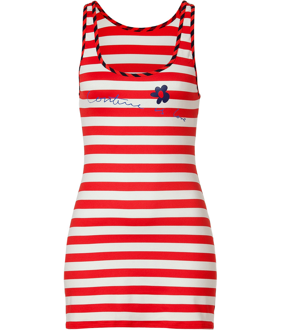 Tomato Striped Sailor Girl Tank Dress - length: mini; sleeve style: standard vest straps/shoulder straps; fit: tight; pattern: horizontal stripes; bust detail: added detail/embellishment at bust; waist detail: fitted waist; style: vest; hip detail: fitted at hip; predominant colour: true red; occasions: casual; neckline: scoop; fibres: polyester/polyamide - stretch; material texture: jersey; trends: prints, brights; sleeve length: sleeveless; pattern type: fabric; pattern size: standard; texture group: jersey - stretchy/drapey