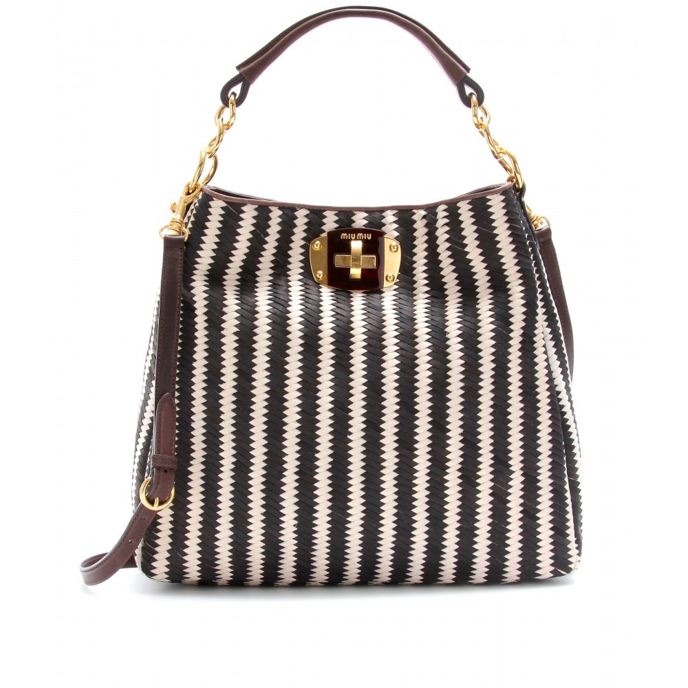 Woven Leather Tote - predominant colour: black; type of pattern: light; style: tote; length: shoulder (tucks under arm); size: standard; material: leather; pattern: striped