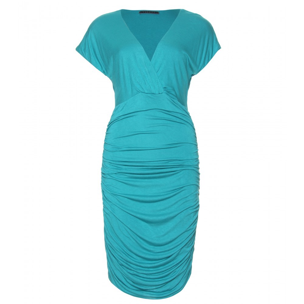 New Fine Jersey Dress - style: shift; length: mid thigh; neckline: v-neck; sleeve style: capped; pattern: plain; waist detail: twist front waist detail/nipped in at waist on one side/soft pleats/draping/ruching/gathering waist detail; bust detail: ruching/gathering/draping/layers/pintuck pleats at bust; predominant colour: turquoise; occasions: casual, occasion; fit: body skimming; fibres: polyester/polyamide - 100%; material texture: jersey; hip detail: ruching/gathering at hip, soft pleats at hip/draping at hip/flared at hip; trends: brights; sleeve length: short sleeve; pattern type: fabric; pattern size: standard; texture group: jersey - stretchy/drapey