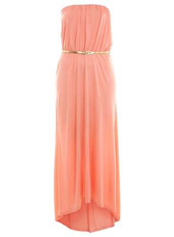 Coral Bandeau Dippy Maxi - neckline: strapless (straight/sweetheart); pattern: plain; style: maxi dress; sleeve style: strapless; length: ankle length; back detail: low cut/open back; waist detail: belted waist/tie at waist/drawstring; bust detail: ruching/gathering/draping/layers/pintuck pleats at bust; predominant colour: coral; occasions: casual, evening, occasion; fit: body skimming; fibres: polyester/polyamide - 100%; material texture: jersey; trends: pastels; sleeve length: sleeveless; pattern type: fabric; pattern size: standard; texture group: jersey - stretchy/drapey