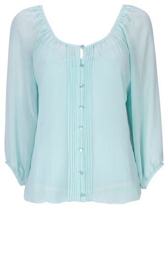 Mint Button Through Blouson - neckline: round neck; pattern: plain; style: blouse; bust detail: ruching/gathering/draping/layers/pintuck pleats at bust; predominant colour: pistachio; occasions: casual; length: standard; fibres: polyester/polyamide - 100%; material texture: corduroy; fit: body skimming; trends: pastels; sleeve length: 3/4 length; sleeve style: standard; texture group: corduroy; pattern type: fabric; pattern size: standard