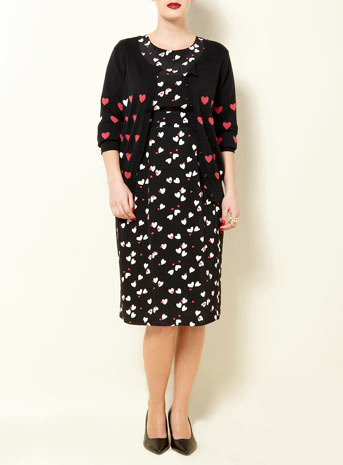 Swan Clements Ribeiro Black And Red Heart ?Intarsia' Knit Cardigan - neckline: round neck; pattern: print, patterned/print; predominant colour: black; occasions: casual; length: standard; style: standard; fibres: cotton - 100%; material texture: jersey; fit: standard fit; trends: prints; sleeve length: 3/4 length; sleeve style: standard; pattern type: knitted - other; pattern size: standard; texture group: jersey - stretchy/drapey