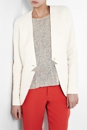 Elongated Asymetric Lapel Twill Blazer - pattern: plain; style: single breasted blazer; hip detail: front pockets at hip; collar: standard lapel/rever collar; predominant colour: ivory; occasions: casual, evening, occasion; length: standard; fit: straight cut (boxy); fibres: cotton - mix; material texture: jersey; sleeve length: long sleeve; sleeve style: standard; pattern type: fabric; pattern size: standard; texture group: jersey - stretchy/drapey