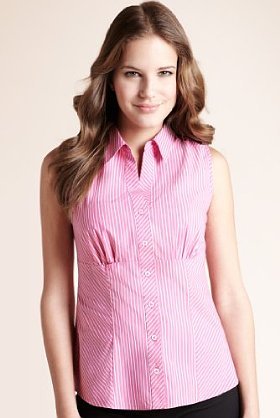 Quick Iron Open Neck Collar Sleeveless Striped Shirt - neckline: shirt collar/peter pan/zip with opening; sleeve style: sleeveless; pattern: striped, pinstripe; waist detail: fitted waist; style: shirt; bust detail: ruching/gathering/draping/layers/pintuck pleats at bust, buttons at bust (in middle at breastbone)/zip detail at bust; predominant colour: pink; occasions: casual, work; length: standard; fibres: cotton - mix; material texture: chiffon; fit: tailored/fitted; trends: prints; sleeve length: sleeveless; texture group: sheer fabrics/chiffon/organza etc.; pattern type: fabric; pattern size: standard