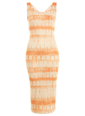 Tie Dye Midi Dress - length: below the knee; fit: tight; sleeve style: sleeveless; pattern: print, patterned/print; style: bodycon; waist detail: fitted waist; hip detail: fitted at hip; occasions: casual; neckline: scoop; fibres: polyester/polyamide - stretch; material texture: jersey; back detail: crossover; predominant colour: multicoloured; trends: prints; sleeve length: sleeveless; pattern type: fabric; pattern size: standard; texture group: jersey - stretchy/drapey