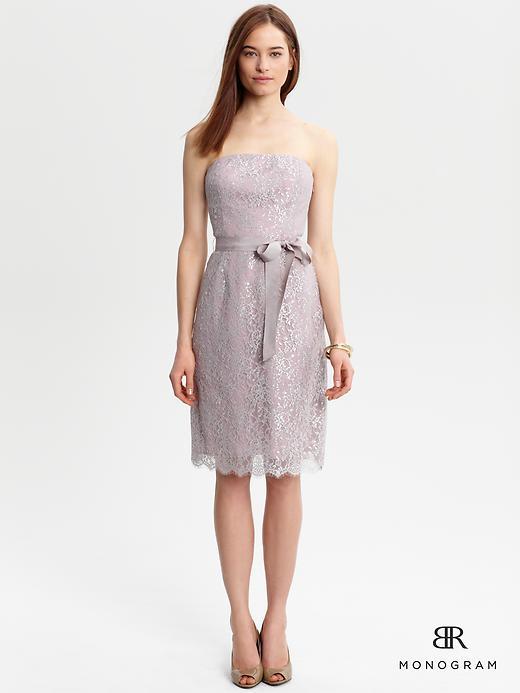 Br Monogram - neckline: strapless (straight/sweetheart); pattern: plain, lace; sleeve style: strapless; style: strapless; back detail: low cut/open back; waist detail: belted waist/tie at waist/drawstring; predominant colour: silver; occasions: evening, occasion; length: on the knee; fit: fitted at waist & bust; fibres: nylon - mix; material texture: lace; sleeve length: sleeveless; texture group: lace; pattern type: fabric; pattern size: standard